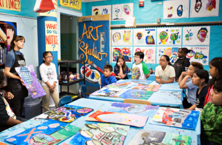 Studio NYC Artist Instructor Leigh Ruple at P.S. 145 in Brooklyn. Photograph by Mindy Best.