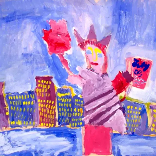 A child's drawing of NYC and the Statue of Liberty