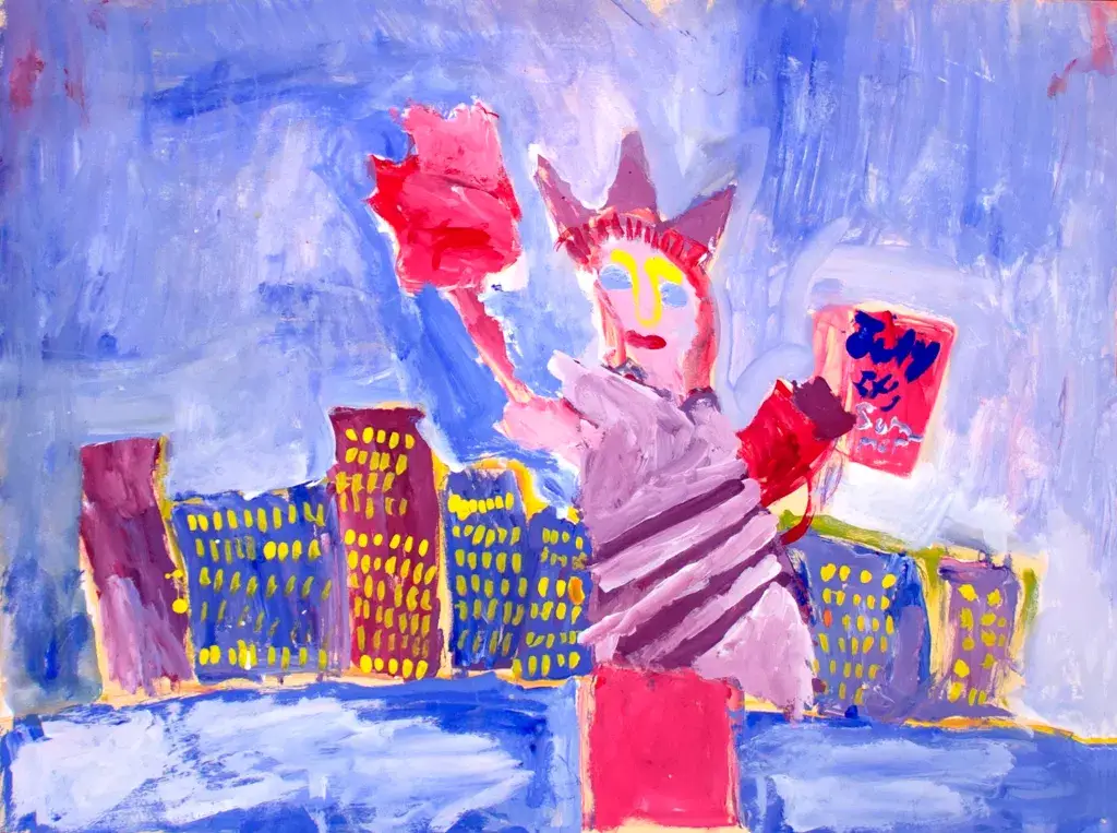A child's drawing of NYC and the Statue of Liberty