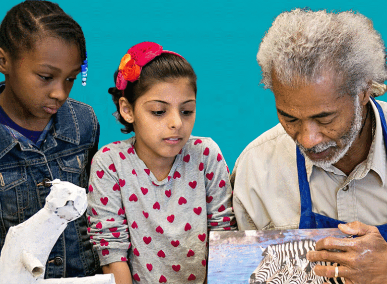 A Man Teaches Two Children About Art